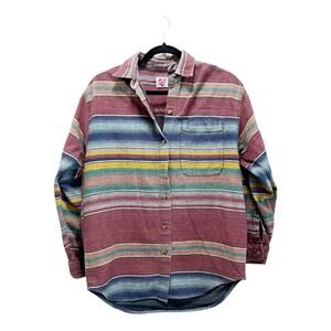 Vintage Canvas Striped Beach Retro Button Down Shirt Oversized Boyfriend Sz L